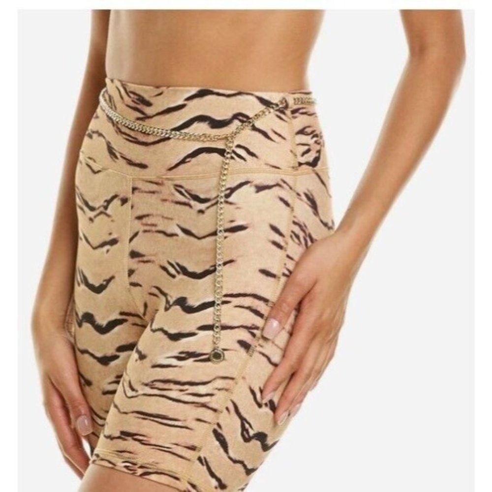 WeWoreWhat High Rise Chain Belt Biker Shorts Sz S Tan Animal Print NWT $88